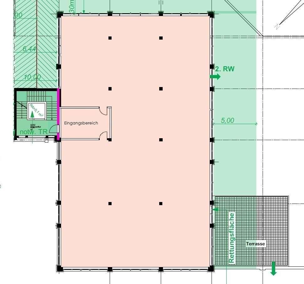 Grundriss-Ausschnitt der Fläche im 1. OG mit Eingangsbereich, Treppenhaus und Terrasse