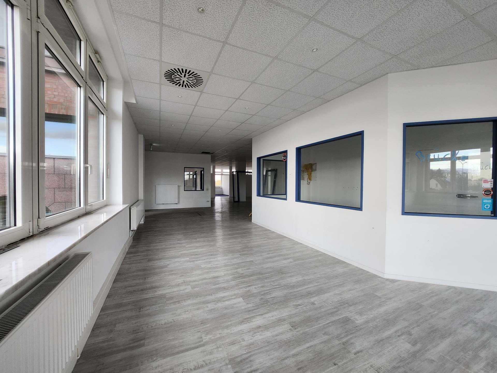 Innenbereich der Fläche mit Fensterfront und Sichtfenstern