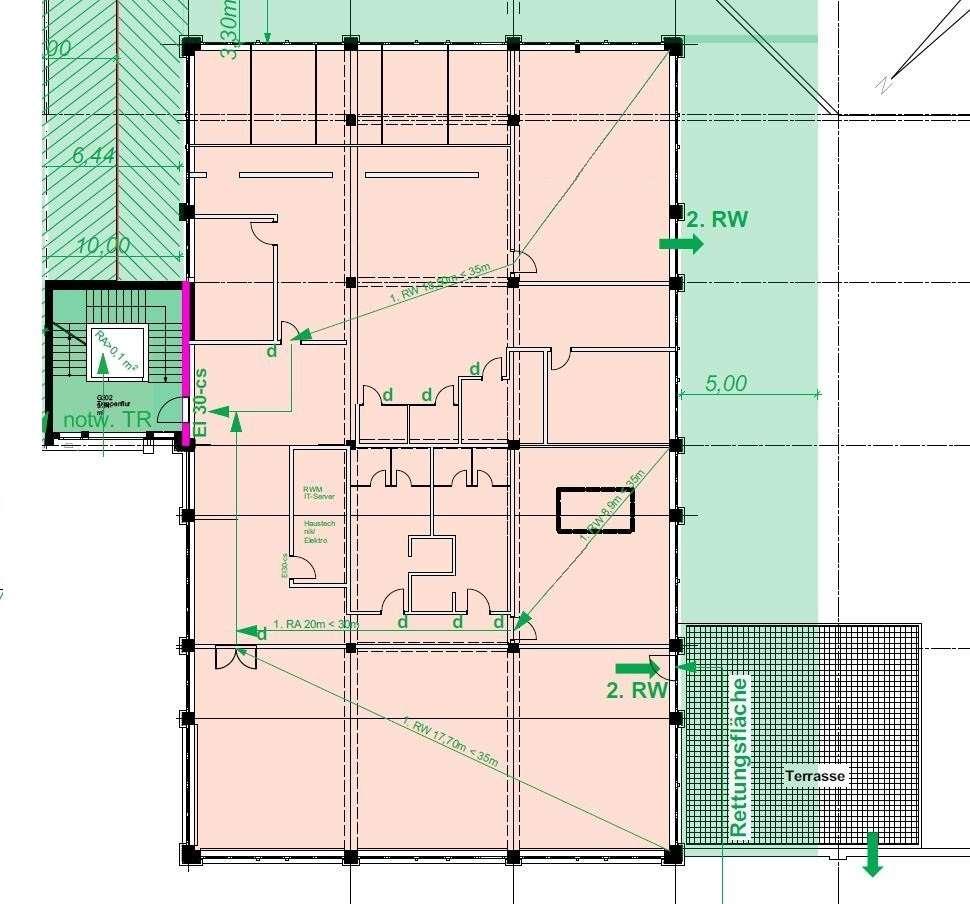 Aktueller Grundriss mit eingezeichneten Rettungswegen, Technikräumen und Terrasse